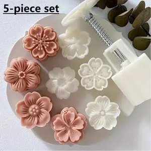 Flower Shaped Moon Cake Mold, 5counts/set Including 1count Mold & 4counts Stamps, DIY Hand Press Cookie Stamps, Baking Tool, Kitchen Gadgets for Baking