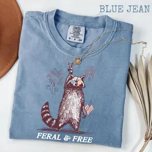 Comfort Colors Vintage Feral And Free T-shirt, Funny Usa T-shirt, Funny Raccoon T-shirt , 4th Of July, Raccoon Merica, Trendy Usa, Gift Gift For Women