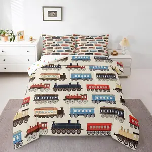 Feelyou Kid Bedding Vintage Steam Engine Comforter Set - Cute Train Car Design for Boys, All-Season Down Comforter for Nursery Use
