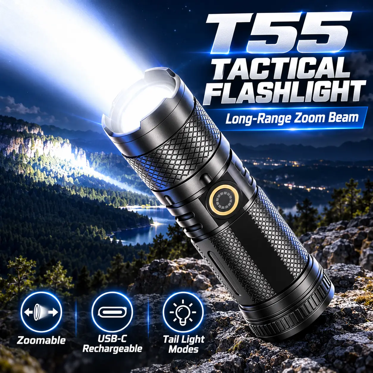 [LIVE] T55 Steel Cannon Tactical Flashlight - Zoomable High Lumen Long Throw Outdoor Stuff for Adults, 4-Mode Emergency Tail Light, Type-C Rechargeable LED Light with Long Battery Life & Strong Power