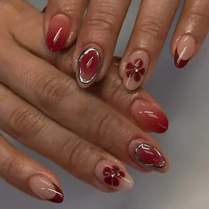 Elevate Your Style with Y2K Wine Short Round Flower French Design False Nails, False Nail Tips, -Enhancing, Detachable, Nail Art DIY, 24pcs DIY Acrylic Nails