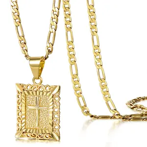 KissYan Gold Cross Necklace for Men Women, 14K Gold Plated Figaro Chain with Rectangular Religious Pendant, Faith Jewelry Gift Valentine's Day Gifts