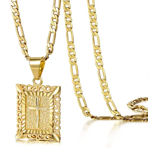 KissYan Men's Ornate Cross Pendant Necklace - 14K Gold Plated Figaro Gold Tone Chain, Detachable Rectangular Adults' Religious Jewelry, 20"+2" Extension, 16mm Casual Daily Gift (Also for Cross Necklace Women)