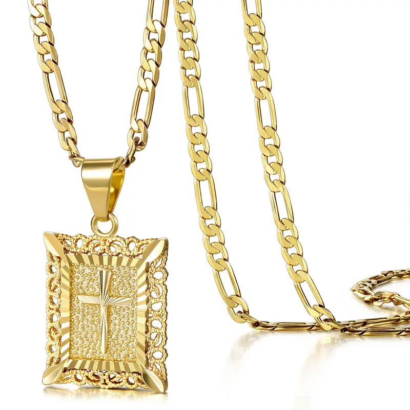KissYan Men's Ornate Cross Pendant Necklace - 14K Gold Plated Figaro Gold Tone Chain, Detachable Rectangular Adults' Religious Jewelry, 20"+2" Extension, 16mm Casual Daily Gift (Also for Cross Necklace Women)