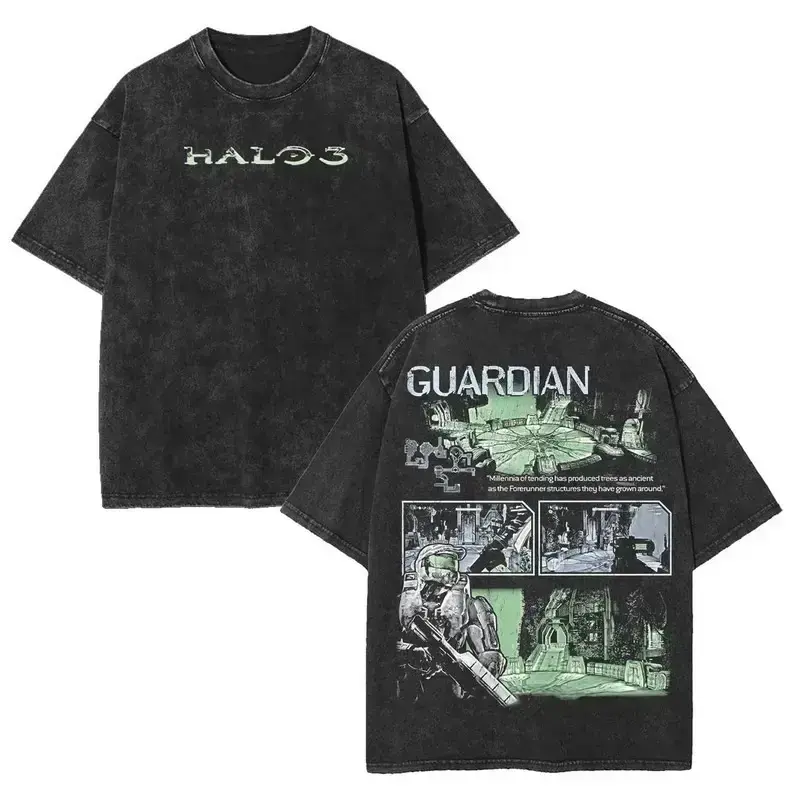 Men's Vintage Washed Halo 3 Guardian Double-Sided Cotton Apparel, Short-Sleeve Breathable Classic Oversized Black Acid Wash Tee - Front Text Logo, Master Chief Forerunner Sci-Fi Game Graphic, Casual Gaming Wear, Shortsleeve, Tops, Menswear, Seamless, Tshi