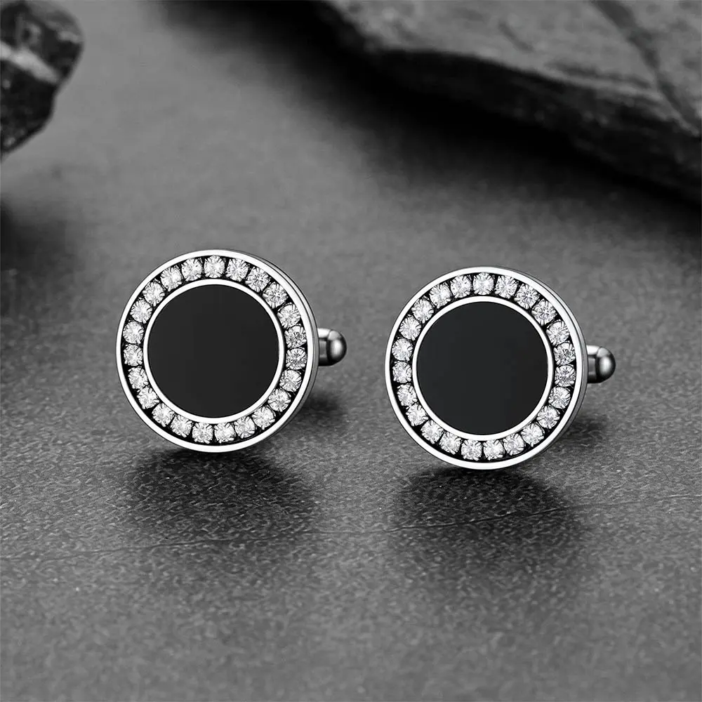 FaithHeart Round Black Onyx & Cubic Zirconia Stainless Steel Amulet Cufflinks, Formal Wear Accessory, Pair Pack for Party, Husband Gift for Father's Day, Anniversary
