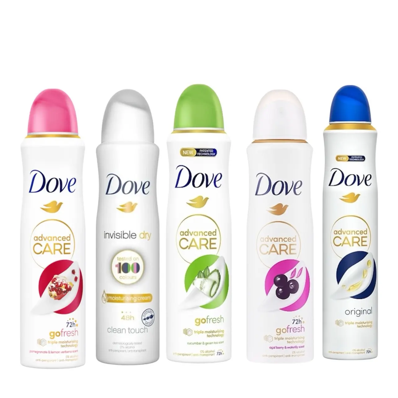 Dove Anti-Perspirant Deodorant Spray, Variety Pack with Lasting Fragrance (Pomegranate Cucumber, Original, Açaí Berry), Sweat Resistant Body Care for Men & Women, 250 ml (5 Pack)