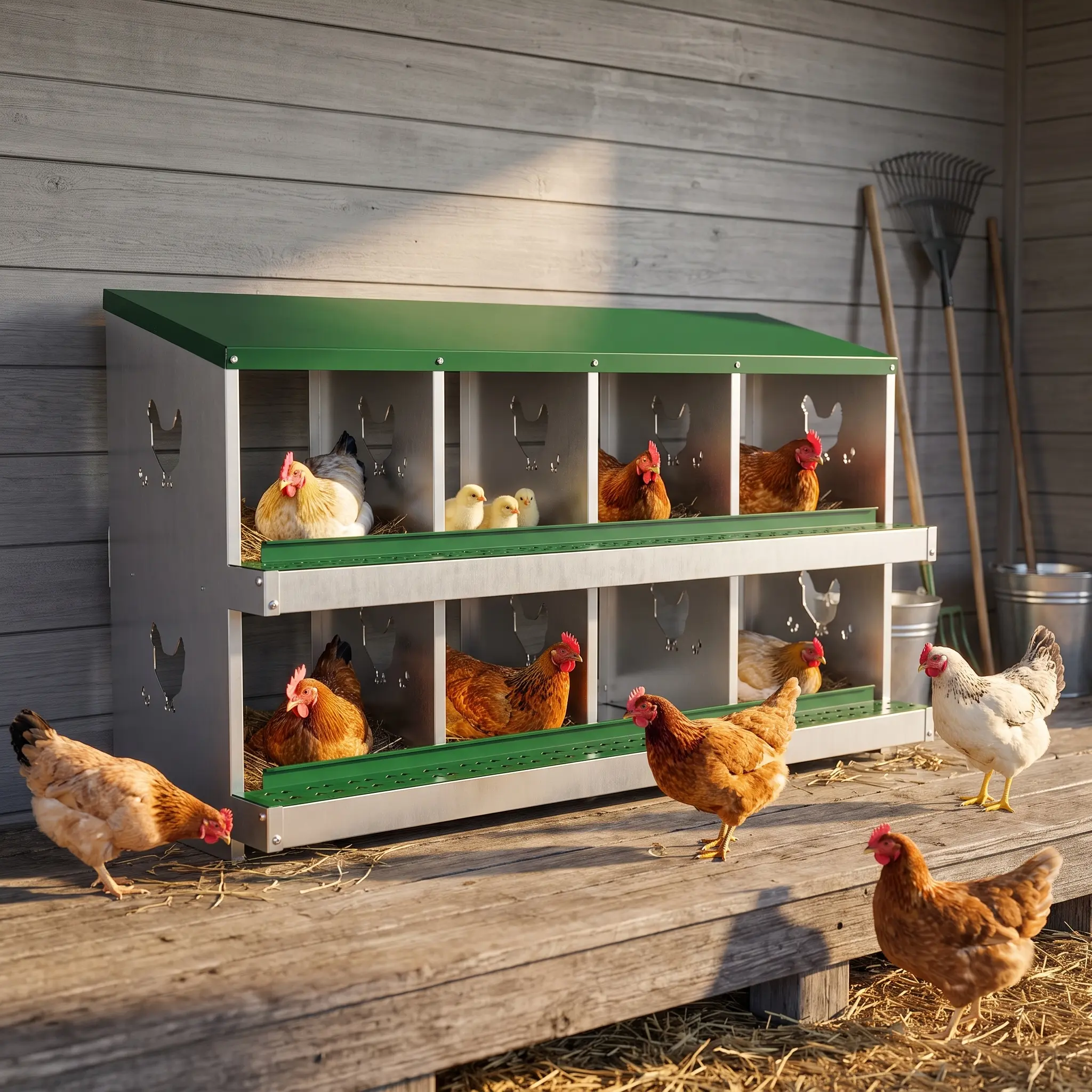 YJ-Garvee Rollaway Metal Chicken Nesting Boxes for Coop - Galvanized Steel, Ventilated, Easy-Clean, Wall-Mountable - 6/8/10-Compartment Egg Laying Box with Perch & Secure Lid - Red/Green