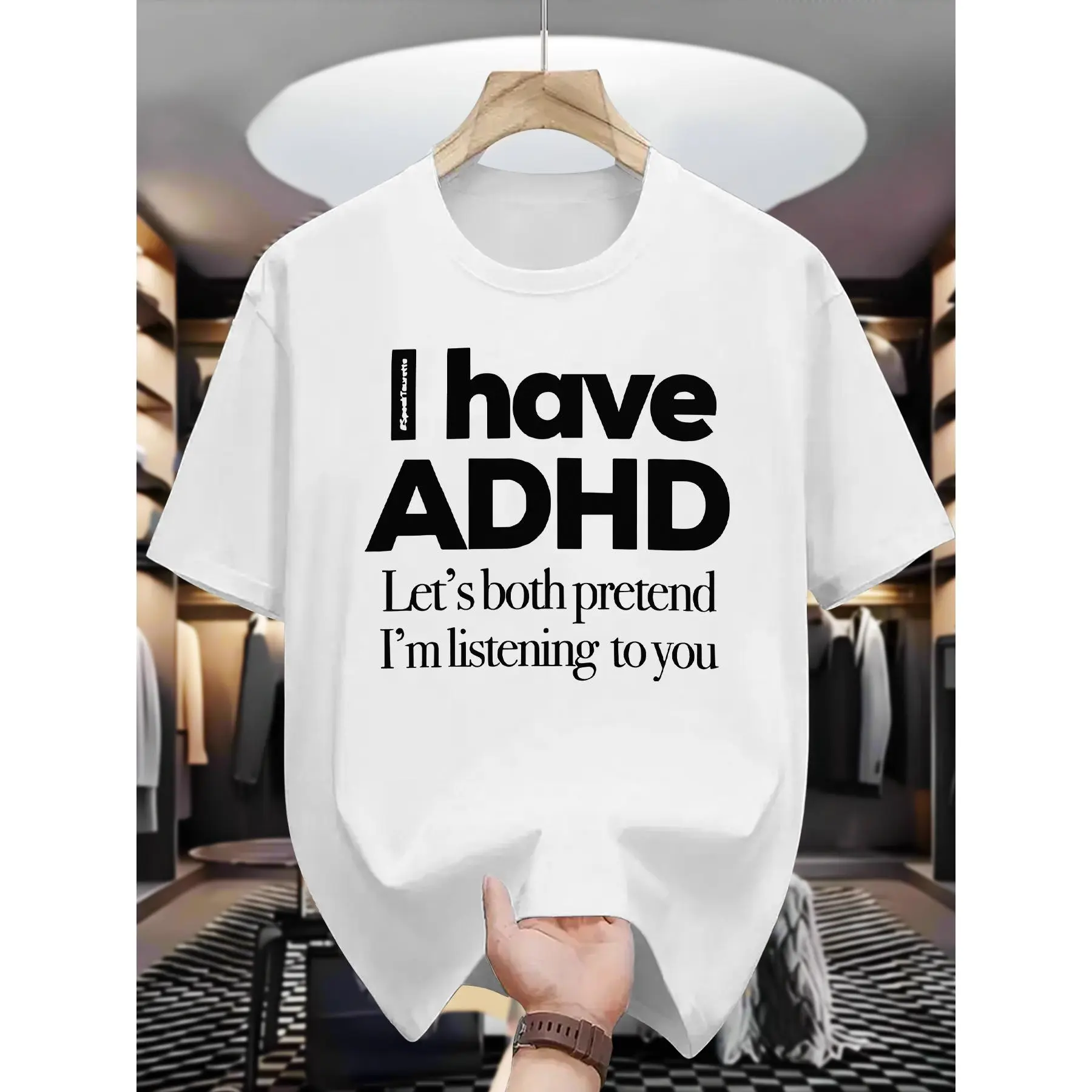 Men's Casual T-Shirt, Summer Men's Crew Neck Short Sleeve T-Shirt with ADHD Print, Men's Fashionable Versatile Trendy Printed Short Sleeve Tee