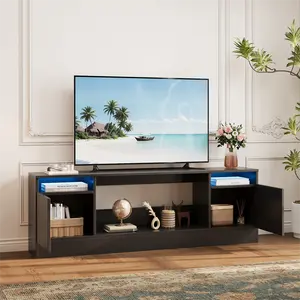 70 Inch TV Stand for Living Room with LED Lights and Storage Cabinets, Fits Up to 75 Inch TV, Particle Board Media Console with Cable Management, Easy Assembly in Black White Gray