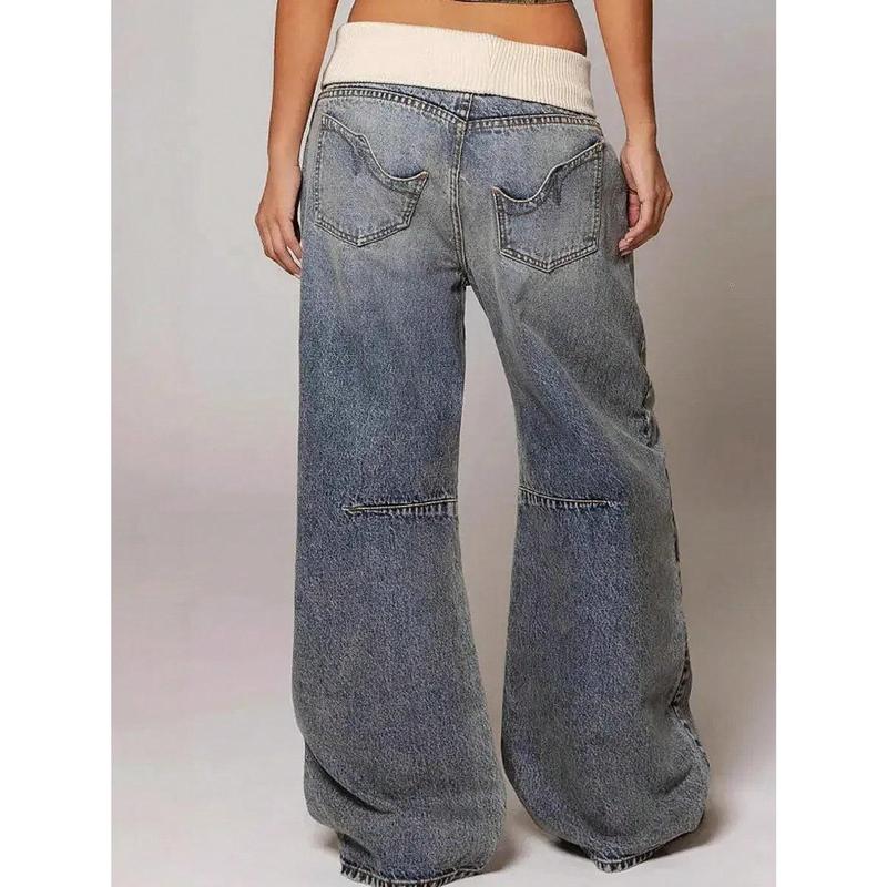 American-Style Vibe Ribbed Waistband Wide-Leg Jeans For Women, Street Style Hot Girl Straight Leg Loose Slimming Floor-Length Pants, Retro Washed Relaxed Feel Jeans, Low-Waisted Autumn And Winter New American Loose Straight Leg Pants, daily pants for wome