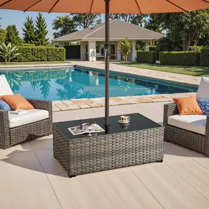 HOOOWOOO Outdoor Side Table For Patio With Umbrella Hole Long&Square Durable PE Wicker Metal Frame Coffee Table For Deck Garden Balcony Backyard Poolside Sunroom