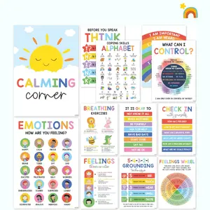 Calming Corner Classroom Posters 12-Pack 10x14 Feelings Wheel Emotions Chart for Kids Therapy Office Decor Durable Laminated Emotional Regulation Tools