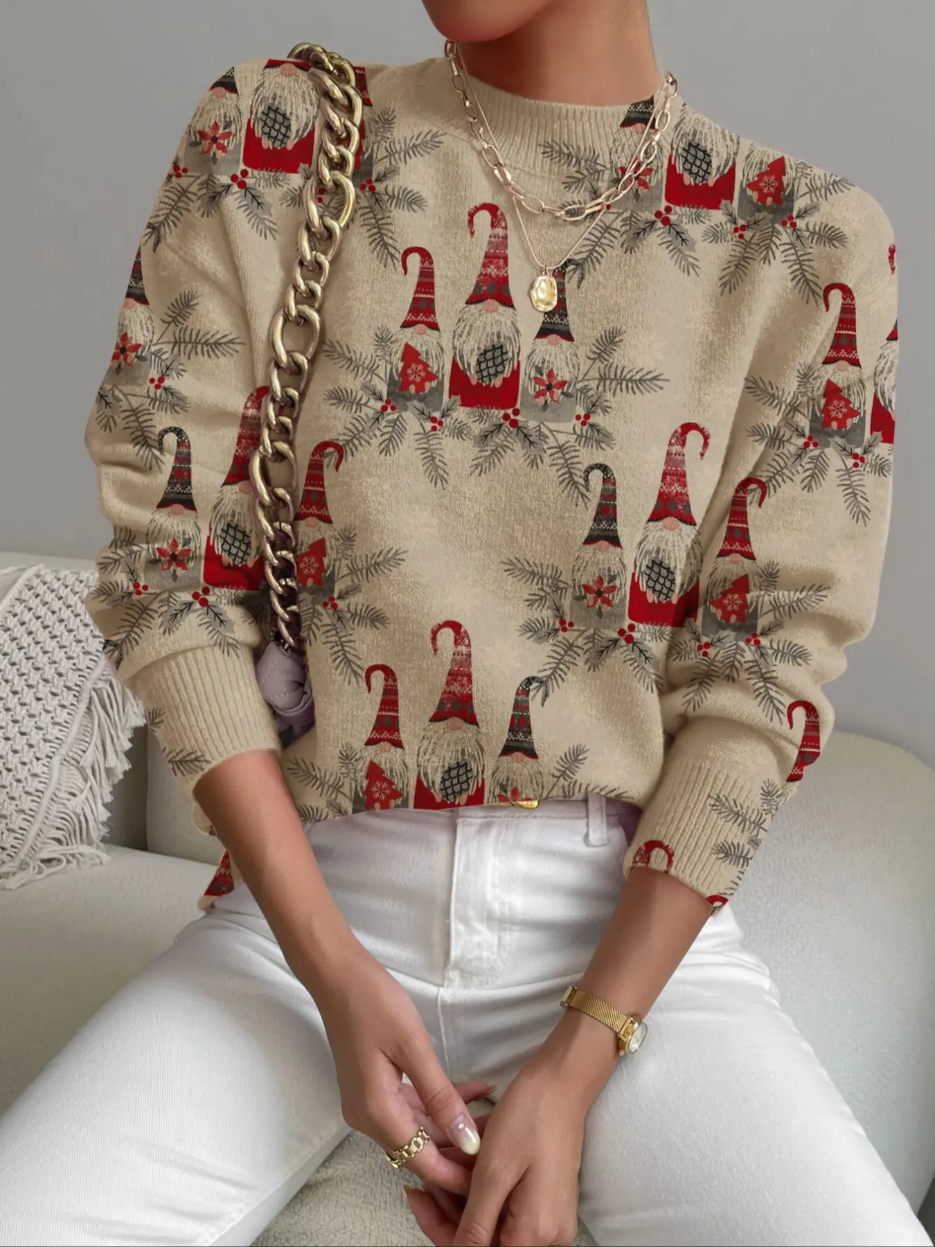 Women's Christmas Print Stand Collar Sweater, Fall Winter Casual Long Sleeve Knitwear, Comfortable Holiday Clothing, Festive Women's Top