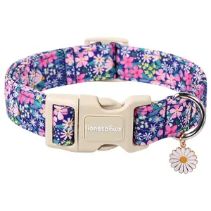Lionet Paws Floral Dog Collar – Cute Spring Wildflowers Daisy Fleabane Design, Lightweight Adjustable Small Dog Collar with Plastic Buckle