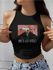 Women's Bull Head & Letter Print Round Neck Tank Top, Casual Sleeveless Graphic Top for Summer, Ladies Clothes for Daily Wear, Socks