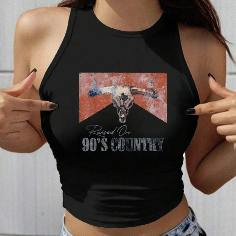 Women's Bull Head & Letter Print Round Neck Tank Top, Casual Sleeveless Graphic Top for Summer, Ladies Clothes for Daily Wear, Socks, Graphic Tank Tops