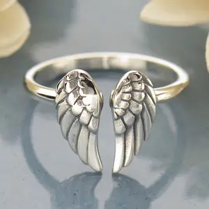 Sterling Silver Angel Wing Ring - Adjustable Band for Men and Women