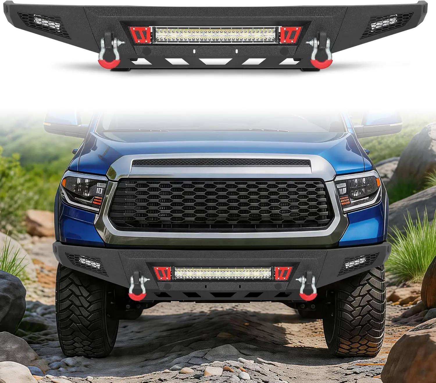 MONOKING Front Bumper Compatible with 2014-2021 Tundra, Full Width Off-Road Bumper with 144W LED Light Bar & 18W Spotlights, Heavy Duty Steel Bumper with D-Rings & Sensor Ports