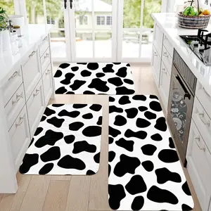 3pcs Kitchen Mat Set,  Black and White Cow Rug, Flannel Material  Soft and Comfortable Easy to Clean, Suitable for Bedroom, Laundry Room, Living Room, Dining Room, Kitchen,  Floor Mat