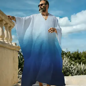 Men's Blue Ombre V-Neck Pullover Flowy Summer Kaftan Long Robe, Gradient Ocean Wave Print Lightweight Beach Cover Up, Breathable Short Sleeve Resort Lounge Sleep Shirt for Men