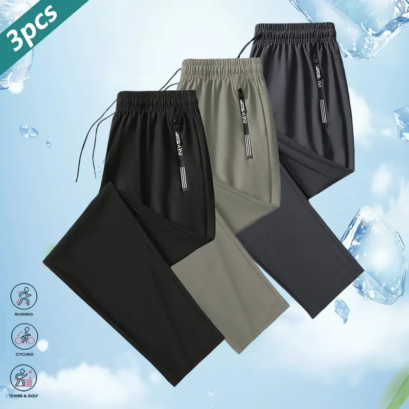 Clean Gent 3-pack/single item ice silk athletic pants with zippered pockets, high elasticity, drawstring closure, slim fit, lightweight long pants, quick-dry pants for outdoor activities and fitness apparel bottoms