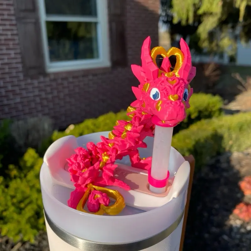 Magenta and Gold Heart Dragon Straw Toppers and Charms for Stanley Tumblers - Fun Design for 9.5mm Straw Drinkware