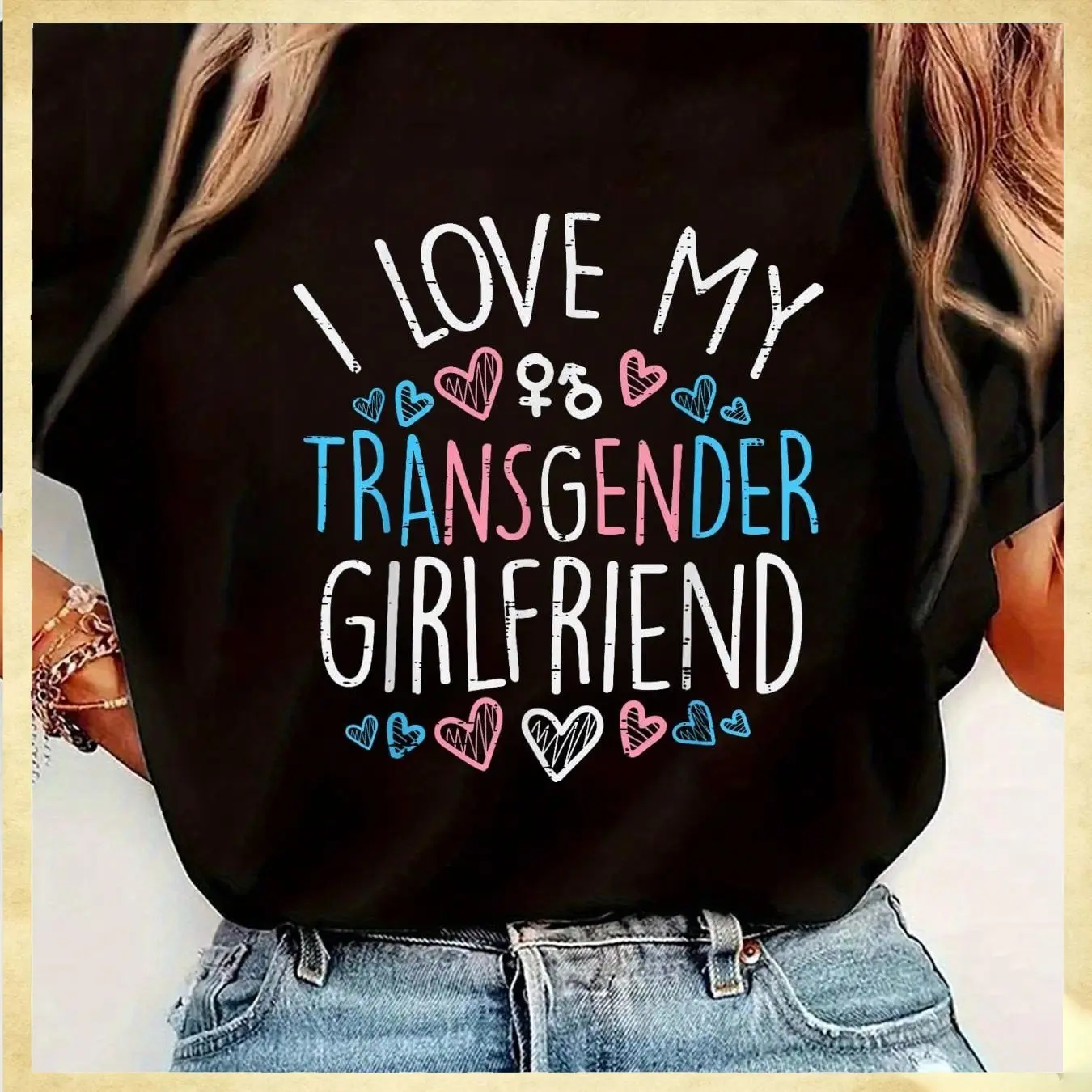 Women's Trans Pride Graphic T-Shirt, Short Sleeve Tops, Crew Neck, Bold Graphics, Retro Vibe, "I Love My Transgender Girlfriend" Print Fashion Top