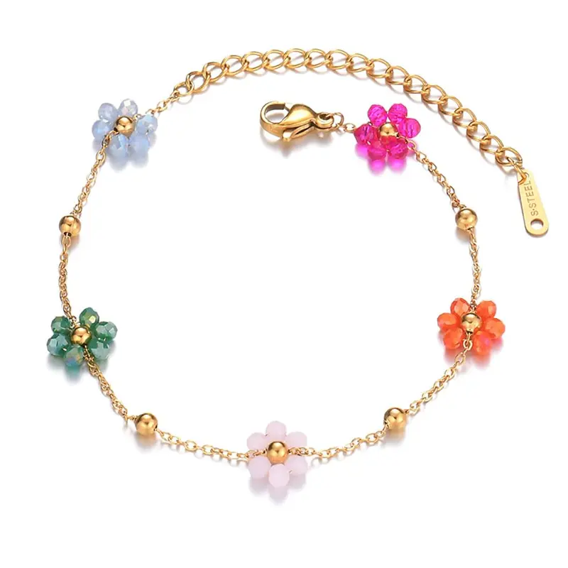Women's Daisy Flower Exquisite Bracelet - 18K Gold-Plated Steel, Metal Chain Link Style, Adjustable Flower Eye, Boho Beach Summer Wear, Dainty Luxe Tough Handmade, Arm Candy Wrist Candy Bracelet Anklet Accessory