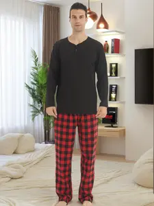 Mens Winter Pyjamas Sets Ultra Soft Henley Long Sleeve Top & Flannel Checked Bottoms Fleece Pyjamas for Men Loungewear PJs Sleepwear Pajamas
