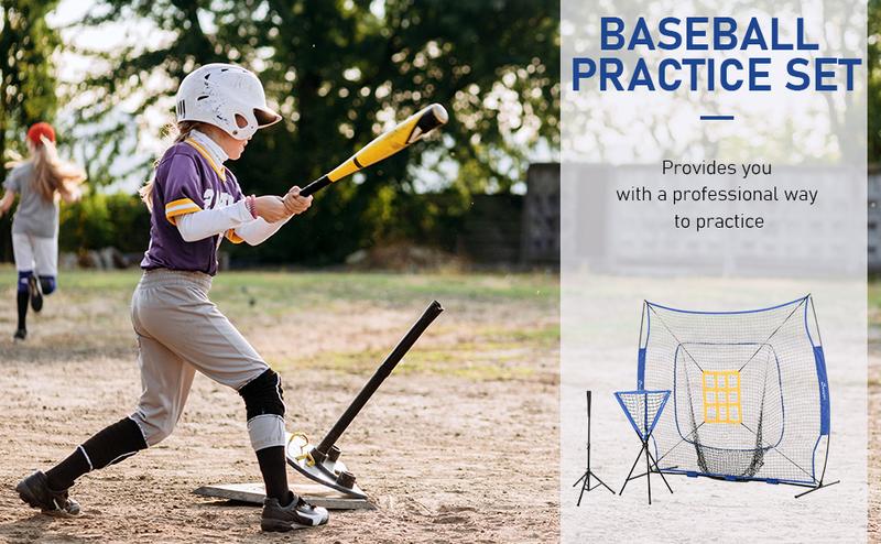 Soozier Baseball & Softball Training Net Set with 7.5'x7' Catcher Net/17'x5.5' Strike Zone, Adjustable Tee, Ball Caddy & Carry Bag for Hitting, Pitching, Batting Practice