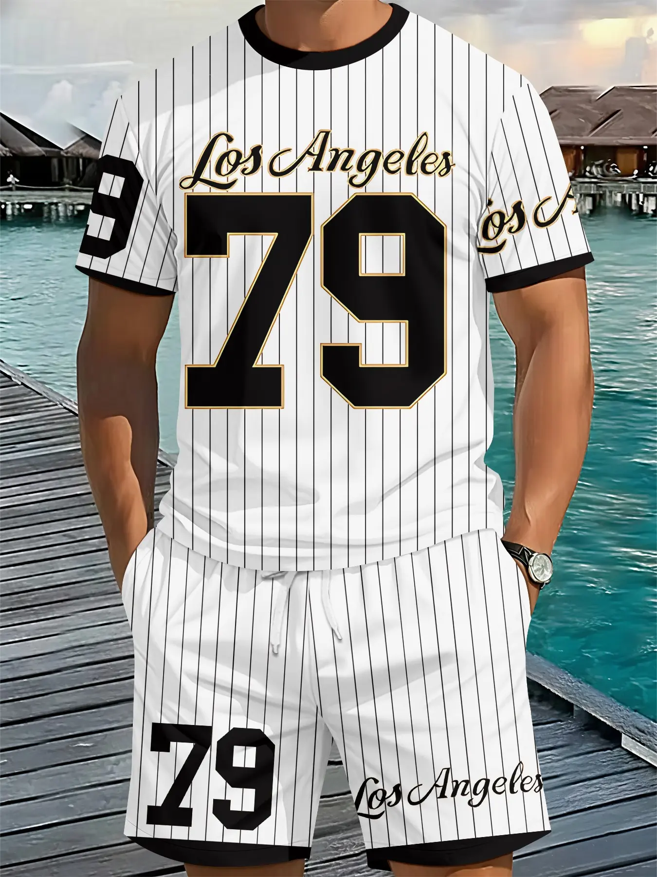 Los Angeles No. 79 Baseball Men's 3D Digital Printing Two-Piece Set, Top, 2Pcs, Trendy and Fashionable Set, Trendy Retro Casual Two-Piece Set, Vacation Style Trendy Outfit, Breathable Sports and Casual Style, a Perfect Holiday Gift for Men Clothes