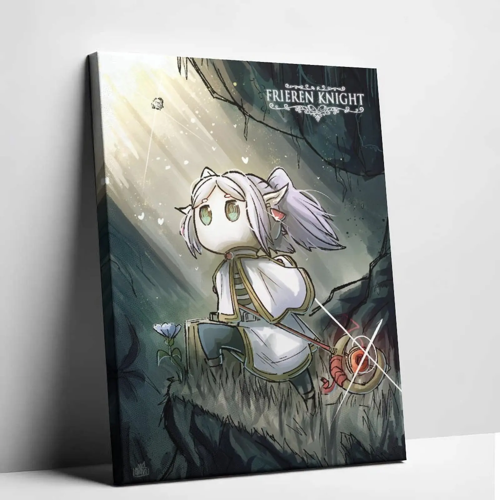 Frieren Knight Anime Fantasy Canvas Wall Art - Cute Chibi Frieren Poster with Hollow-Style Mask Detailing, Sunshine Cave Scenery, Premium Collectible Prints for Living Room Bedroom Decoration