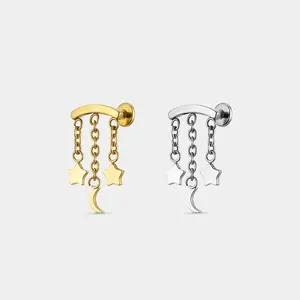 Hidden Helix Star Chain Threadless Stud Flat Back Cartilage Push Pin Piercing Drop Earrings