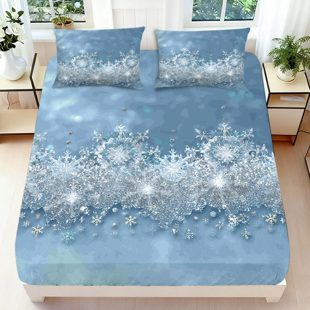 2/3 Pcs 2D Flat Winter Snowflake Fitted Sheet Set Snowflake Bedding Set Quilt Cover 1 Fitted Sheet + 1/2 Pillowcases Snowflake Top Sheet Decorative Bedding Bedroom Decor