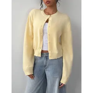BASICS Casual Solid Color Round Neck Long Sleeve Loose Cropped Women Cardigan Sweater, Warm Comfort, Cozy Chic, Daily Commute,Butter Yellow Top In Fall/Winter
