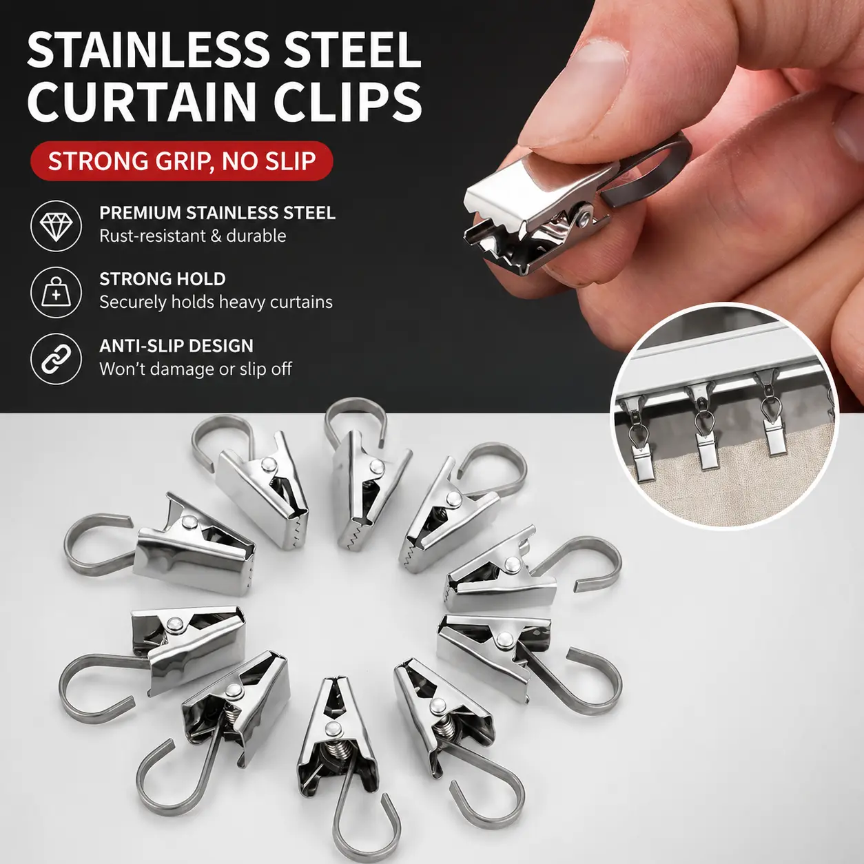 10 Counts, Stainless Steel Curtain Clips Thickened Anti-rust Non-slip Design For Home Curtain Hanging Daily Household Use