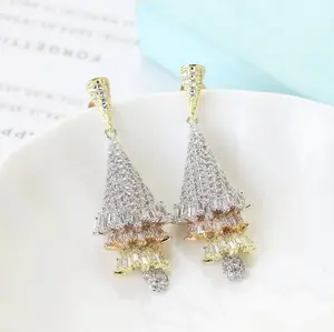 Cuafufu Skirt Shaped Statement Earrings for Women - Three Tones Layer Christmas Tree Earrings with AAA Australian Cubic Zirconia