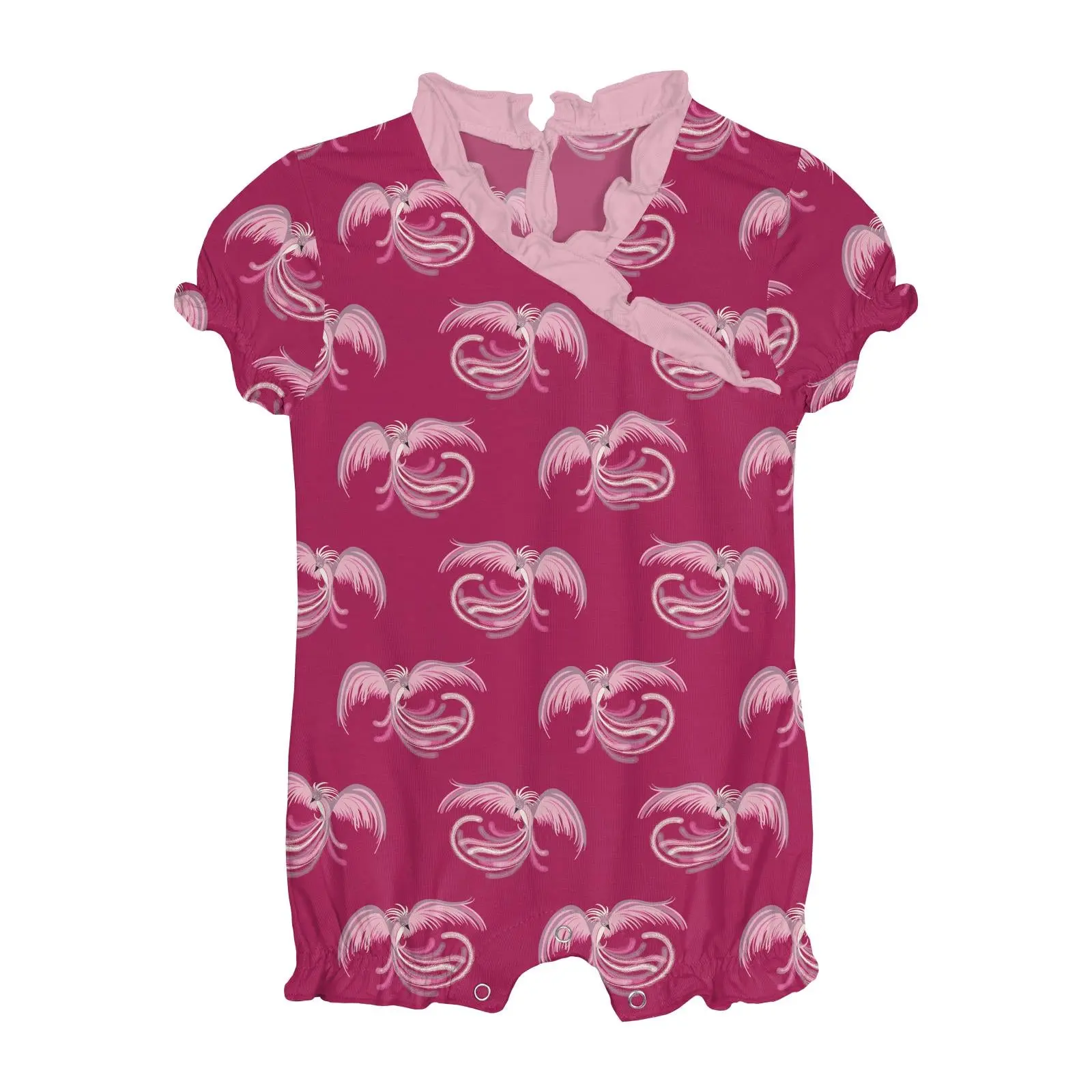 Print Ruffle Romper in Dragon Fruit Phoenix