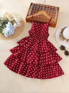 Girls' Polka Dot Halter Dress with Layered Design, Elastic Waist Summer Fashion, Casual Wear for Beach Vacation Fun Dress