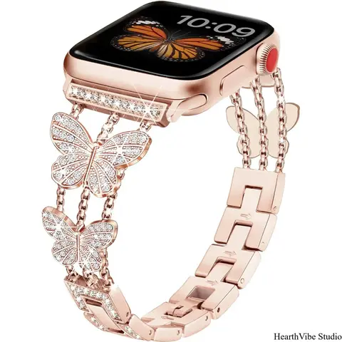 Women's Diamond Bling Crystal-Metal Butterfly Strap for 38mm/40mm/42mm/44mm/41mm/45mm/49mm Iwatch Series 9/8/7/SE/6/5, Wearable Smart Watch Accessories, Bold Shine & Luxe Touch Multi-Size Band