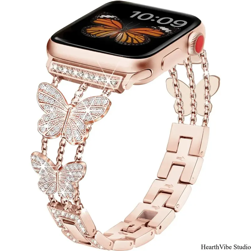 Women's Diamond Bling Crystal-Metal Butterfly Strap for 38mm/40mm/42mm/44mm/41mm/45mm/49mm Iwatch Series 9/8/7/SE/6/5, Wearable Smart Watch Accessories, Bold Shine & Luxe Touch Multi-Size Band