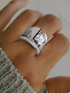 Wide Synthetic Zirconia Ring for Women & Men, K Neutral Wide Design, Minimalist Elegant Punk Style, Perfect for Daily Wear & Parties, Cubic Zirconia Rings