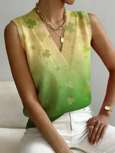Women's St Patrick's Day Clover Print V-Neck Sleeveless Knit Sweater Vest, Casual Breathable Colorblock Top for Spring Summer Fall
