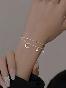 Women's S925 Silver Color Star Moon Bracelet, Creative Double Layer Design Jewelry Gift for Women, Unique Valentine's Day Birthday Present, Stackable Bracelet