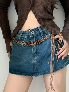 Women's Boho Style Beaded & Flower & Hollow Out Design Belt, Vintage Trendy Waist Belt, Fashionable Clothes Accessories for Daily & Party Outfits