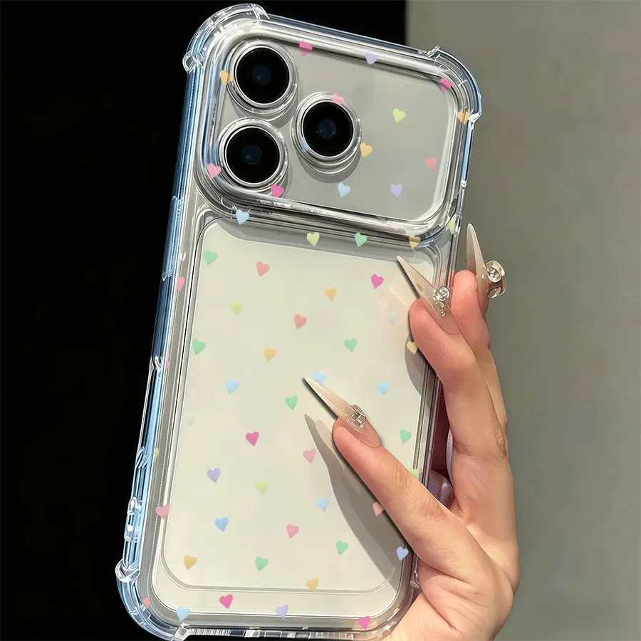 Cute Colorful Dopamine Heart Pattern Transparent Phone Case,  Shockproof Lens Raised Protection, Compatible With Iphone 17 Pro/17/16/16 Plus/16 Pro Max/15/15 Pro/15 Pro Max/14/14 Plus/15 Plus/13/13 Pro/13 Pro phone 17 pro max cases  girls