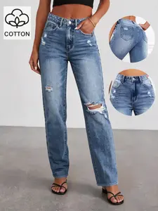 Women's Casual Elastic High-Waisted Ripped Denim Jeans Pants, Slim-Fitting Solid Pattern, All Seasons Fashion, Elegant Style