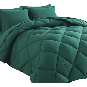 Bed in a Bag  Comforter Sets 7 count All Season Solid Down Alternative Bedding Sets Dark Green with Comforter, Pillow Shams, Flat Sheet, Fitted Sheet and Pillowcases