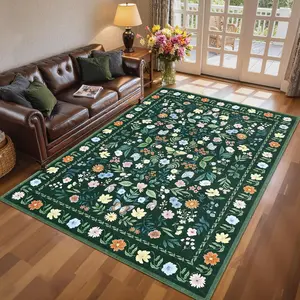 8x10 Area Rugs for Living Room Floral Butterfly Rug Washable Rug Modern Rugs for Bedroom Stain Resistant Throw Carpet Low Pile Folding Floor Cover for Nursery Playroom Apartment Green, Foldable, Floral Print